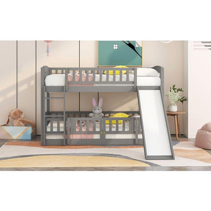 Bunk Bed with Slide,Twin Over Twin Low Bunk Bed with Fence and Ladder for Toddler Kids Teens Grey