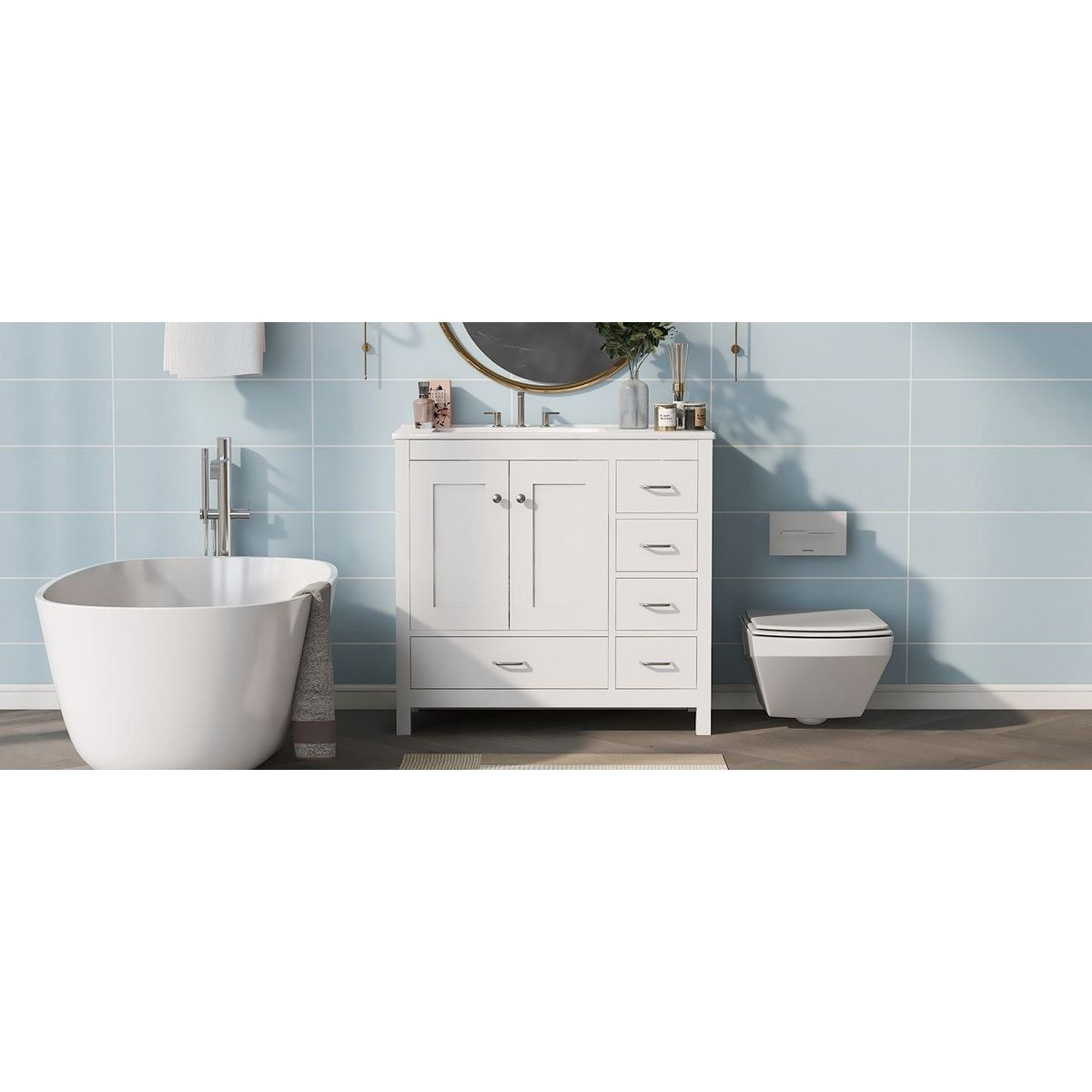 36" White Bathroom Vanity with Ceramic Sink Combo, Abundant Storage Cabinet -2 Soft-close doors and 5 drawers