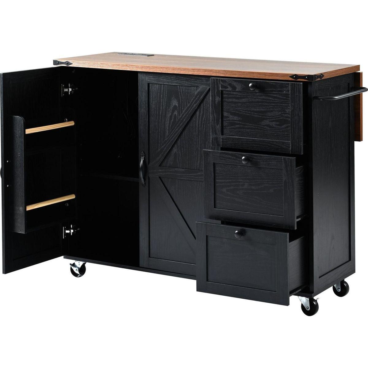 54.5" Farmhouse Kitchen Island with Power Outlet, Kitchen Storage Island with Internal Storage Rack, Drop Leaf, Spice Rack, Rolling Kitchen Cart on Wheels, for Home, Kitchen and Dining Room,Black
