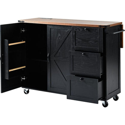 54.5" Farmhouse Kitchen Island with Power Outlet, Kitchen Storage Island with Internal Storage Rack, Drop Leaf, Spice Rack, Rolling Kitchen Cart on Wheels, for Home, Kitchen and Dining Room,Black