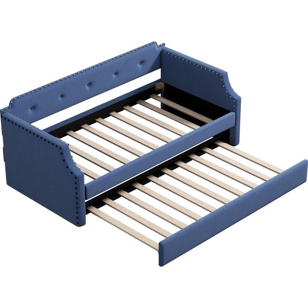 Upholstered Daybed with Trundle, Wood Slat Support,Upholstered Frame Sofa Bed, Twin,Blue