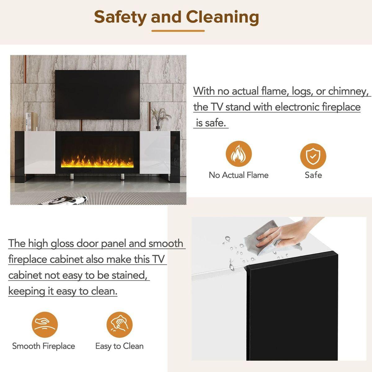 Modern TV Stand with 34.2" Non-heating Electric Fireplace, High Gloss Entertainment Center with 2 Cabinets, Media Console for TVs up to 78", White