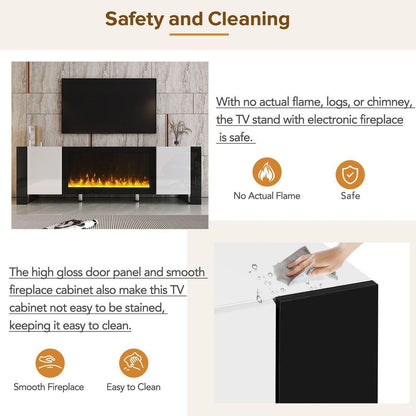 Modern TV Stand with 34.2" Non-heating Electric Fireplace, High Gloss Entertainment Center with 2 Cabinets, Media Console for TVs up to 78", White