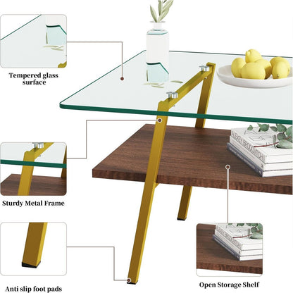 Rectangle Coffee Table, Tempered Glass Tabletop with Gold Metal Legs, Modern Table for Living Room, Transparent Glass