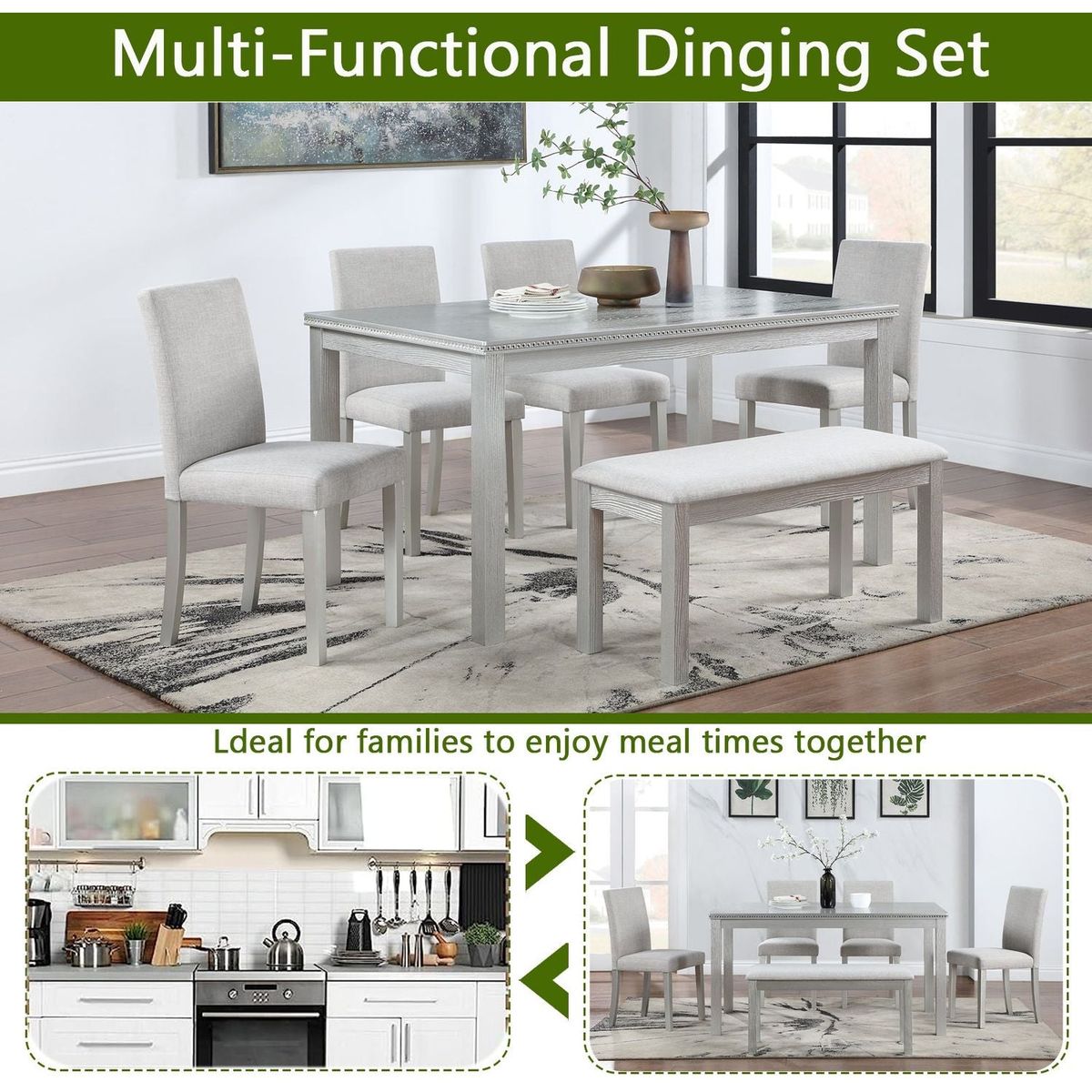 Wooden Dining Rectangular Table with Bench, Kitchen Table with Bench for Small Space, 6 Person Dining Table, Silver grey