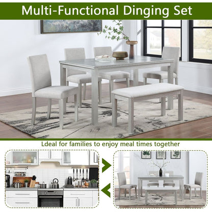 Wooden Dining Rectangular Table with Bench, Kitchen Table with Bench for Small Space, 6 Person Dining Table, Silver grey