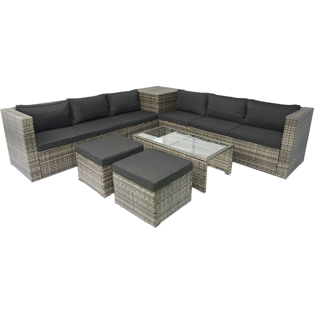 8 Piece Patio Sectional Wicker Rattan Outdoor Furniture Sofa Set with One Storage Box Under Seat and Cushion Box Grey wicker + Black Cushion + Clear Glass Top