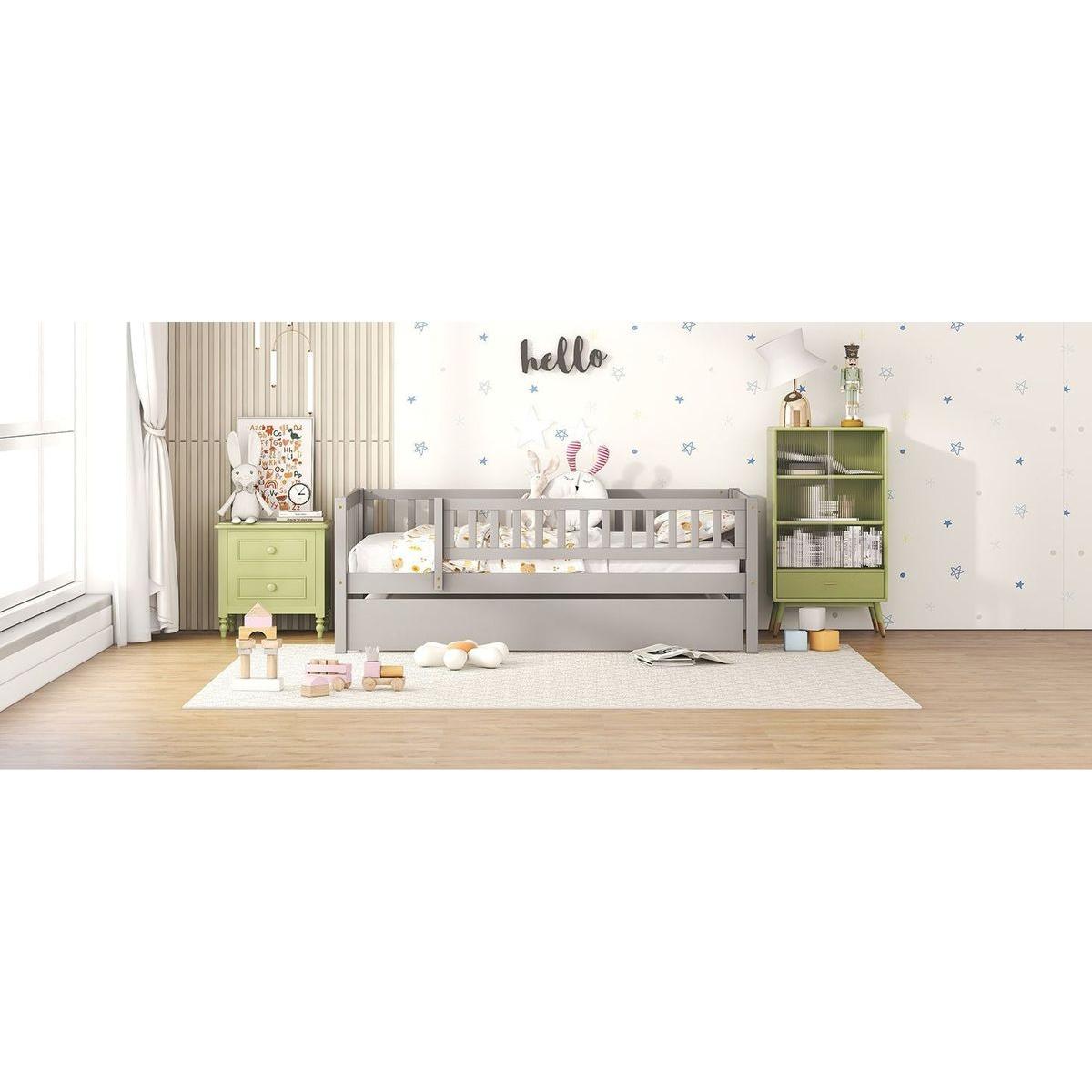 Twin Size Wood Daybed with Trundle and Fence Guardrails, Gray