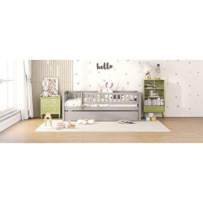 Twin Size Wood Daybed with Trundle and Fence Guardrails, Gray
