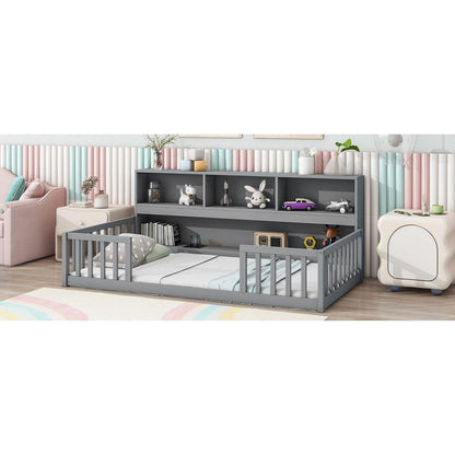 Twin Floor Bed with Bedside Bookcase,Shelves,Guardrails,Grey