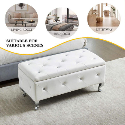 Upholstered Storage Ottoman Bench For Bedroom End Of Bed Faux Leather Rectangular Storage Benches Footrest With Crystal Buttons For Living Room Entryway (White)