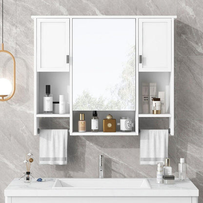 35" x 28" Modern Wall Mounted Bathroom Storage Cabinet, Bathroom Wall Cabinet with Mirror, Medicine Cabinet with Towels Bar