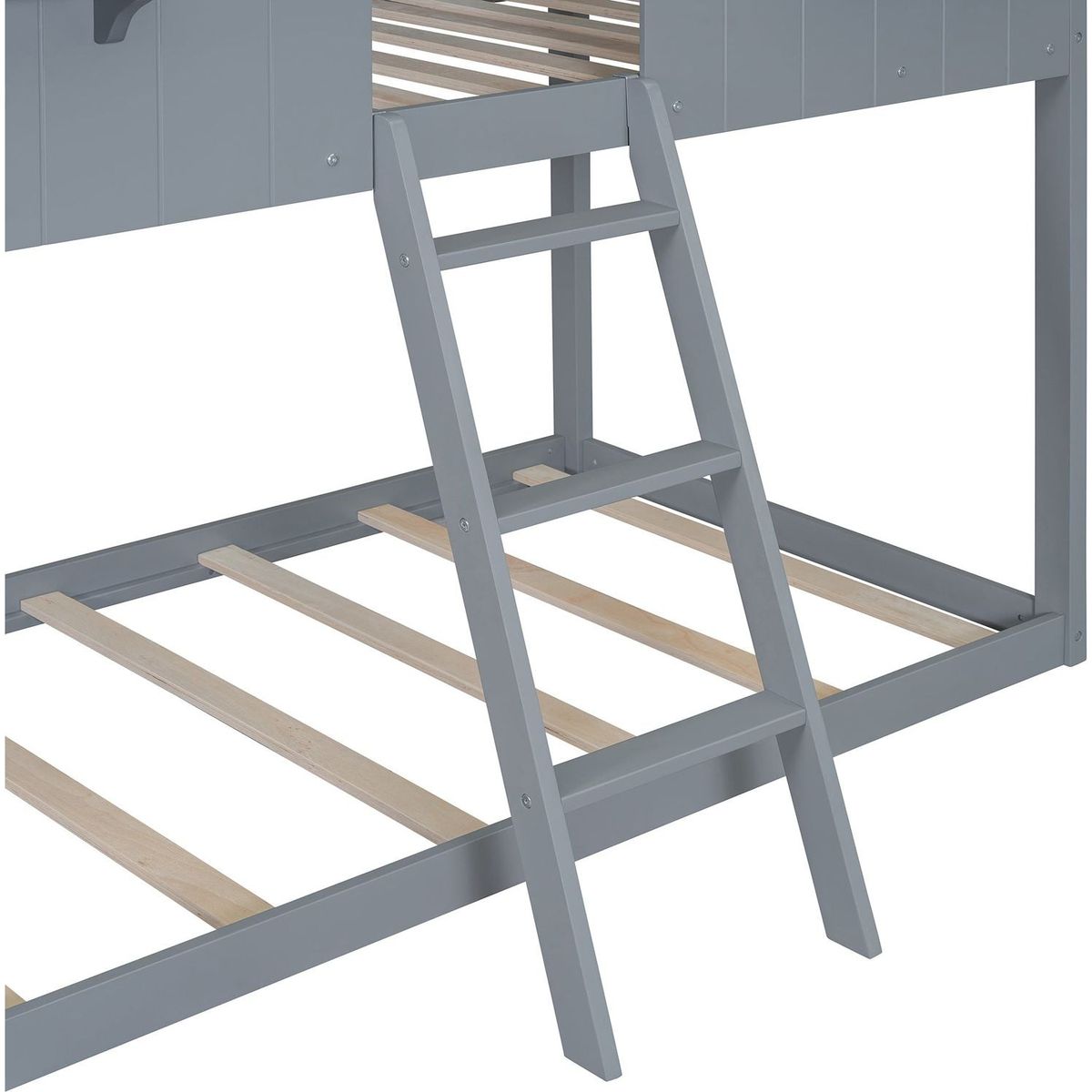 Twin Over Twin Bunk Bed Wood Bed with Roof, Window, Guardrail, Ladder (Gray)