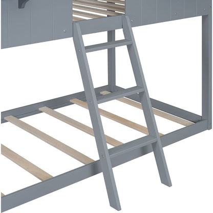 Twin Over Twin Bunk Bed Wood Bed with Roof, Window, Guardrail, Ladder (Gray)