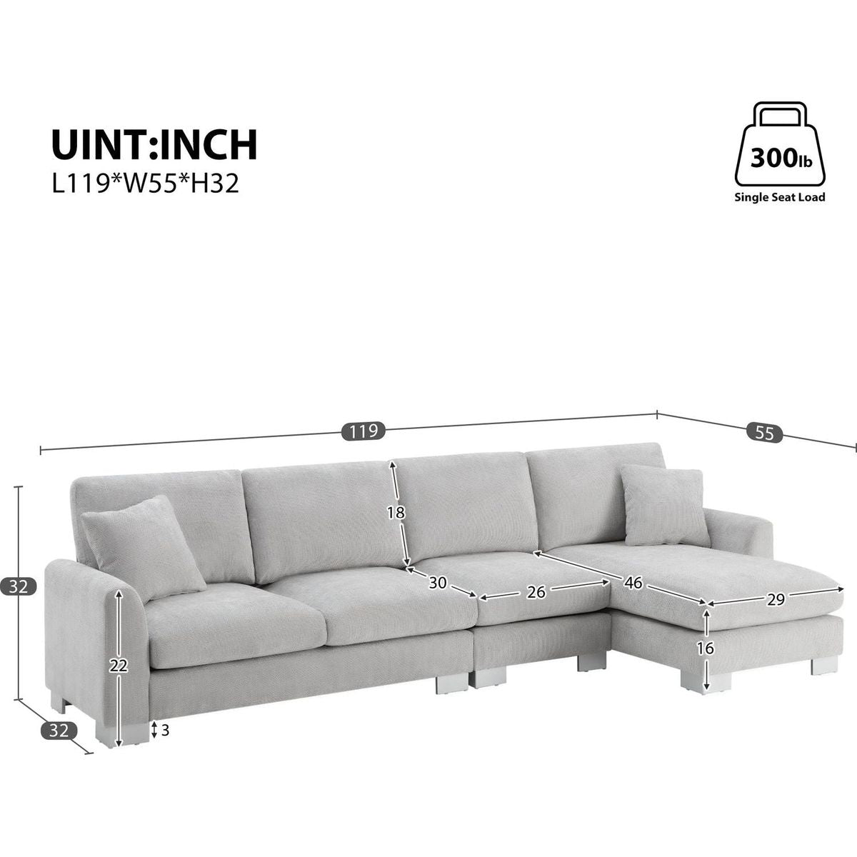 119x55" Modern Oversized Sectional Sofa,L-shaped Luxury Couch Set with 2 Free pillows,5-seat Chenille Indoor Furniture with Chaise for Living Room,Apartment,Office,2 Colors