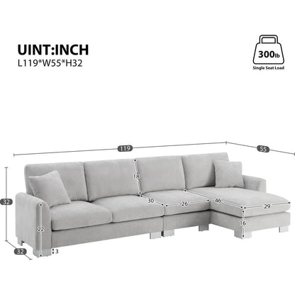 119x55" Modern Oversized Sectional Sofa,L-shaped Luxury Couch Set with 2 Free pillows,5-seat Chenille Indoor Furniture with Chaise for Living Room,Apartment,Office,2 Colors