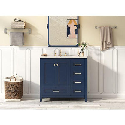 36" Bathroom Vanity with Sink Combo Set, Modern Bathroom Cabinet with 4 Drawers, Freestanding Wood Bathroom Vanity Set with Solid Wood Feet, Blue