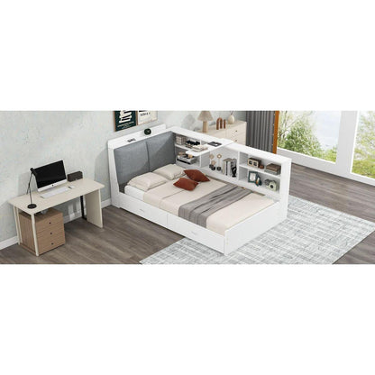 Wood Twin Size platform bed with Storage Headboard, Shelves and 2 Drawers, White