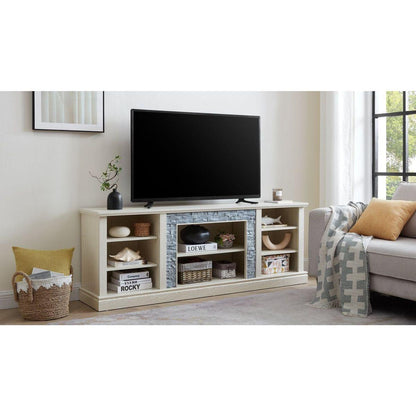 Large TV Desk Storage Rack with Faux Stacked Stone Surround,Media Console Table with Large Storage Cabinet,Modern TV Media Entertaionment Stand,WHITE, 70.12"Wx15.35"Dx25.83"H