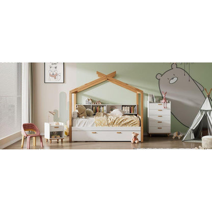 White Twin Size Wooden House Bed with Original Wood Colored Frame Twin Size Trundle and Bookshelf Storage Space for Children or Guest Room
