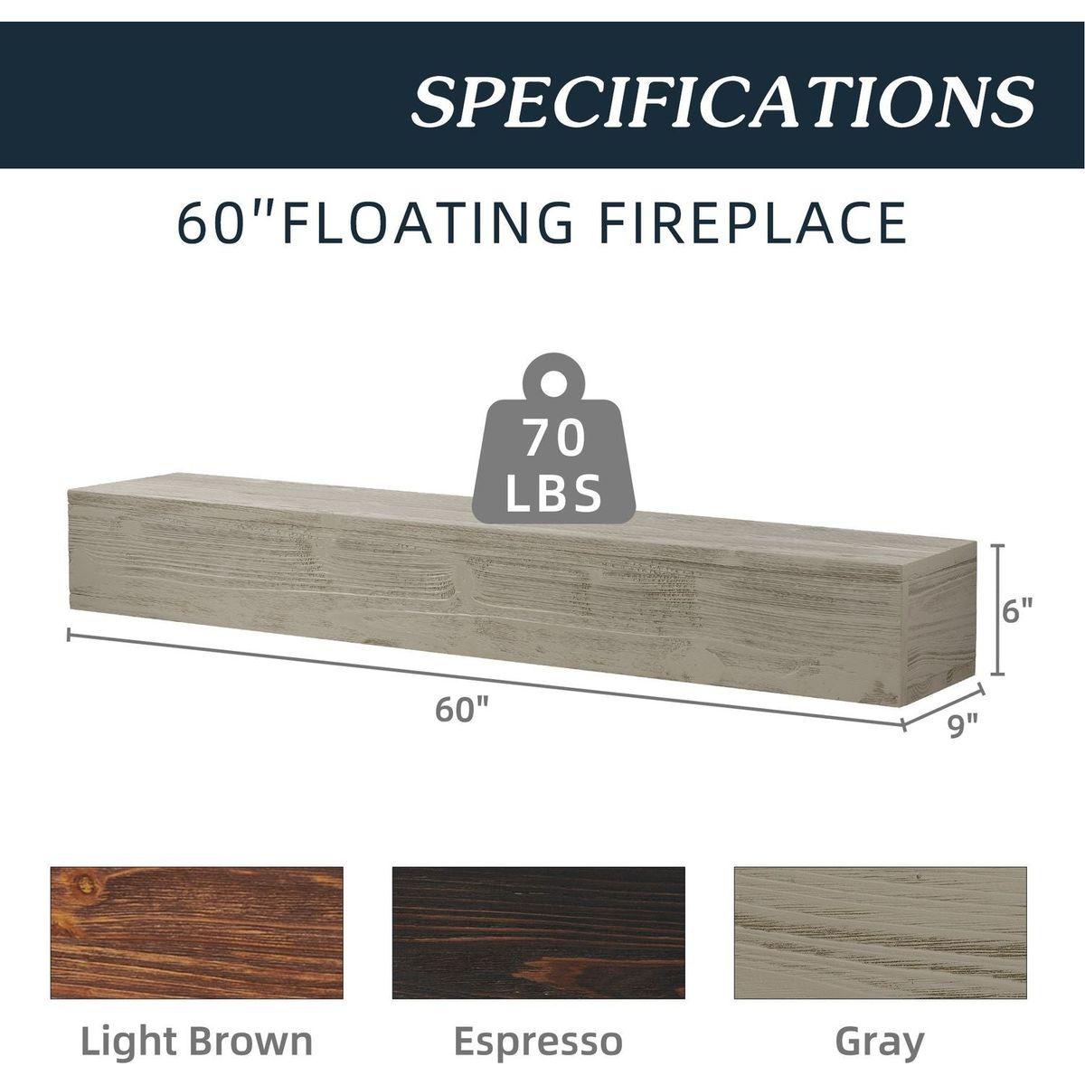 60" Rustic Wood Fireplace Mantel,Wall-Mounted & Floating Shelf for Home Decor