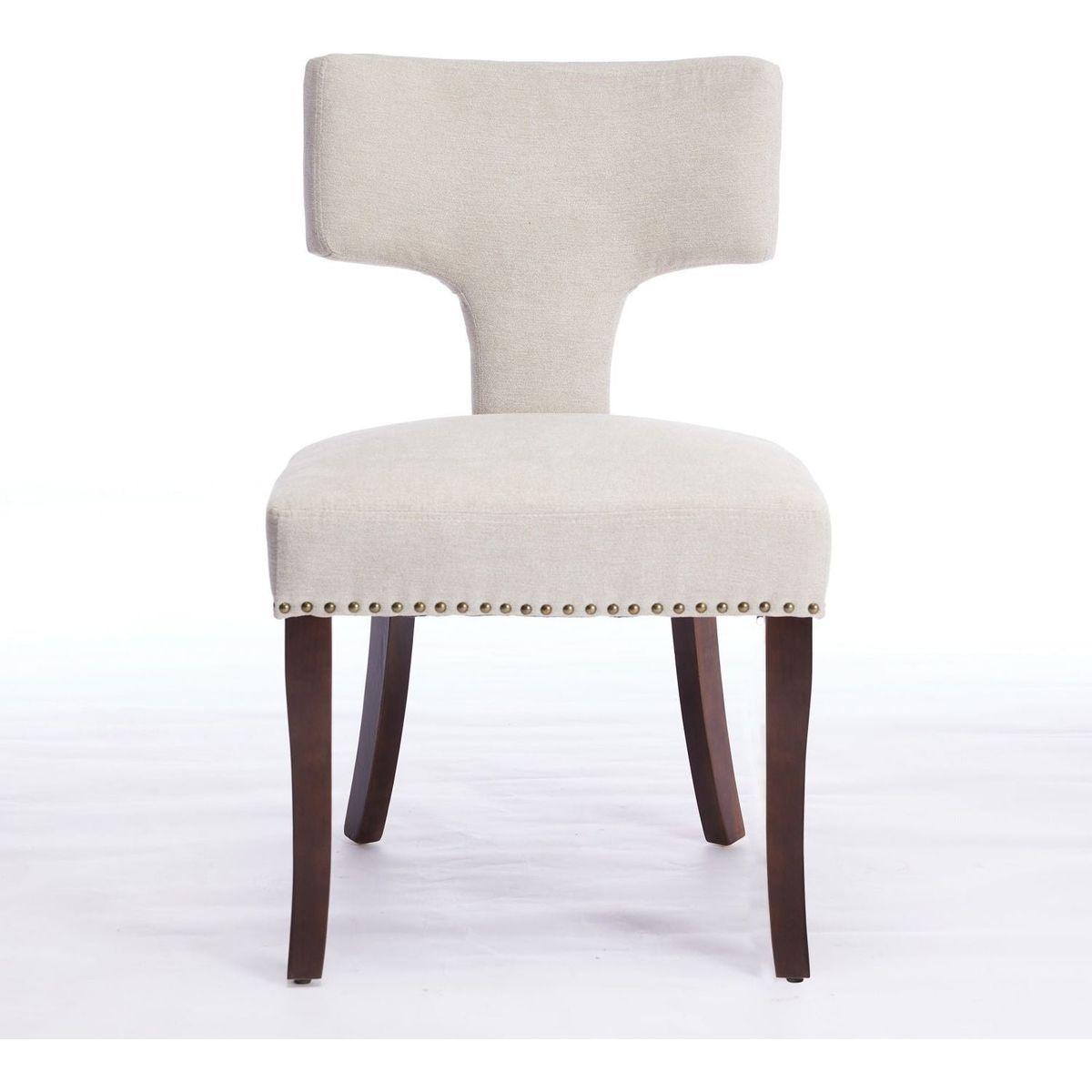 Mid Century Modern Dining Chairs Set of 2, Farmhouse Linen Fabric Upholstered Accent Chair Curved Backrest with Copper Nails around,Kitchen Chairs with Hardwood Frame, Beige