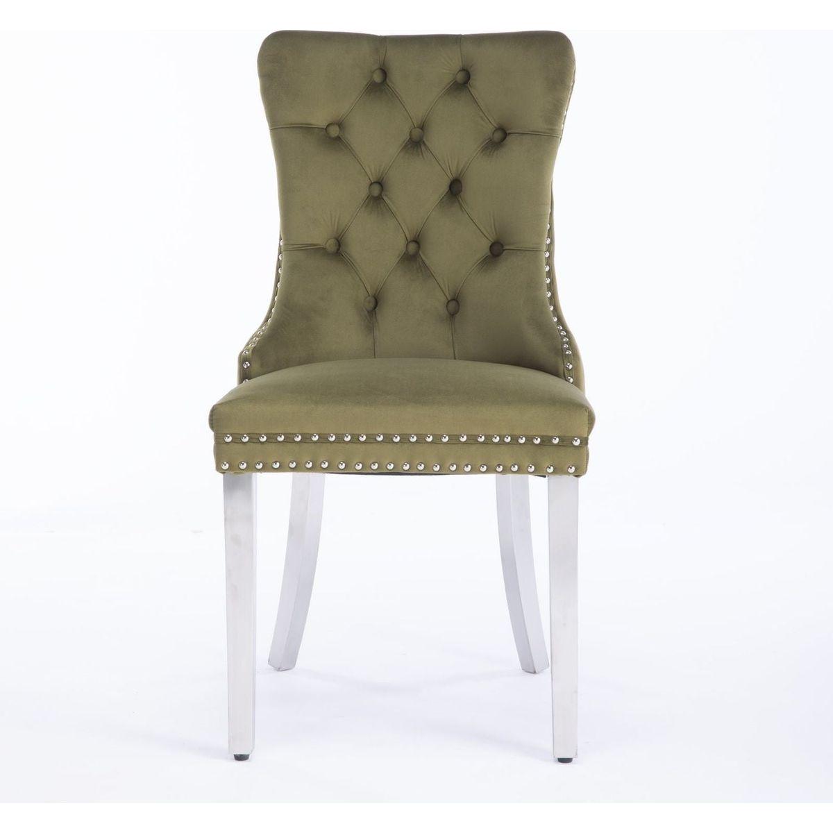 Nikki Collection Modern, High-end Tufted Solid Wood Contemporary Velvet Upholstered Dining Chair with Chrome Stainless Steel Plating Legs,Nailhead Trim,Set of 2,Olive-Green and Chrome
