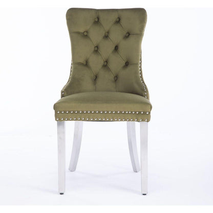 Nikki Collection Modern, High-end Tufted Solid Wood Contemporary Velvet Upholstered Dining Chair with Chrome Stainless Steel Plating Legs,Nailhead Trim,Set of 2,Olive-Green and Chrome