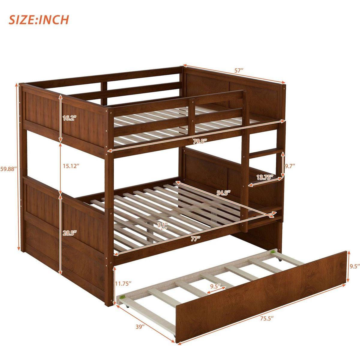 Full Over Full Bunk Bed with Twin Size Trundle, Walnut