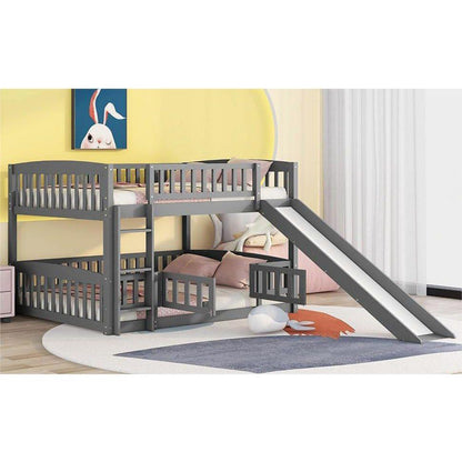 Bunk Bed with Slide,Full Over Full Low Bunk Bed with Fence and Ladder for Toddler Kids Teens Gray