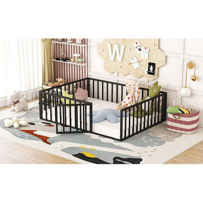 Full Size Metal Floor Bed Frame with Fence and Door, Black