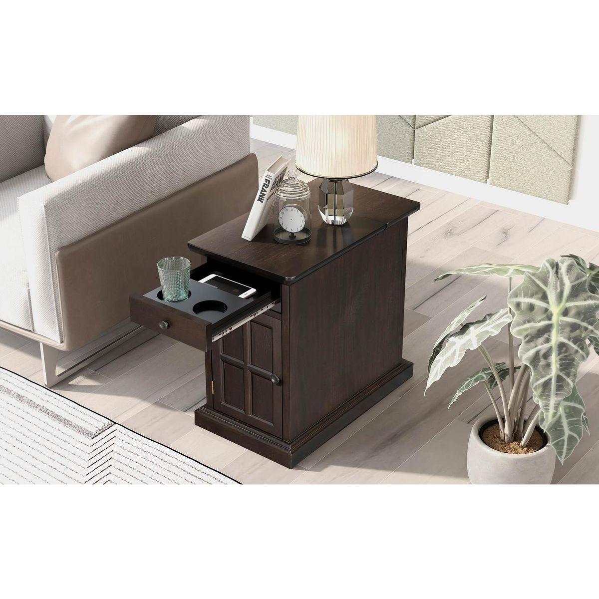 Classic Vintage Livingroom End Table Side Table with USB Ports and One Multifunctional Drawer with cup holders, Antique Espresso