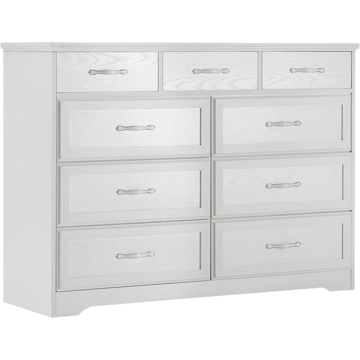Bedroom dresser, 9 drawer long dresser with antique handles, wood chest of drawers for kids room, living room, entry and hallway, White, 47.56"W x 15.75"D x 34.45"H.