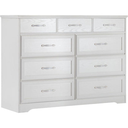 Bedroom dresser, 9 drawer long dresser with antique handles, wood chest of drawers for kids room, living room, entry and hallway, White, 47.56"W x 15.75"D x 34.45"H.