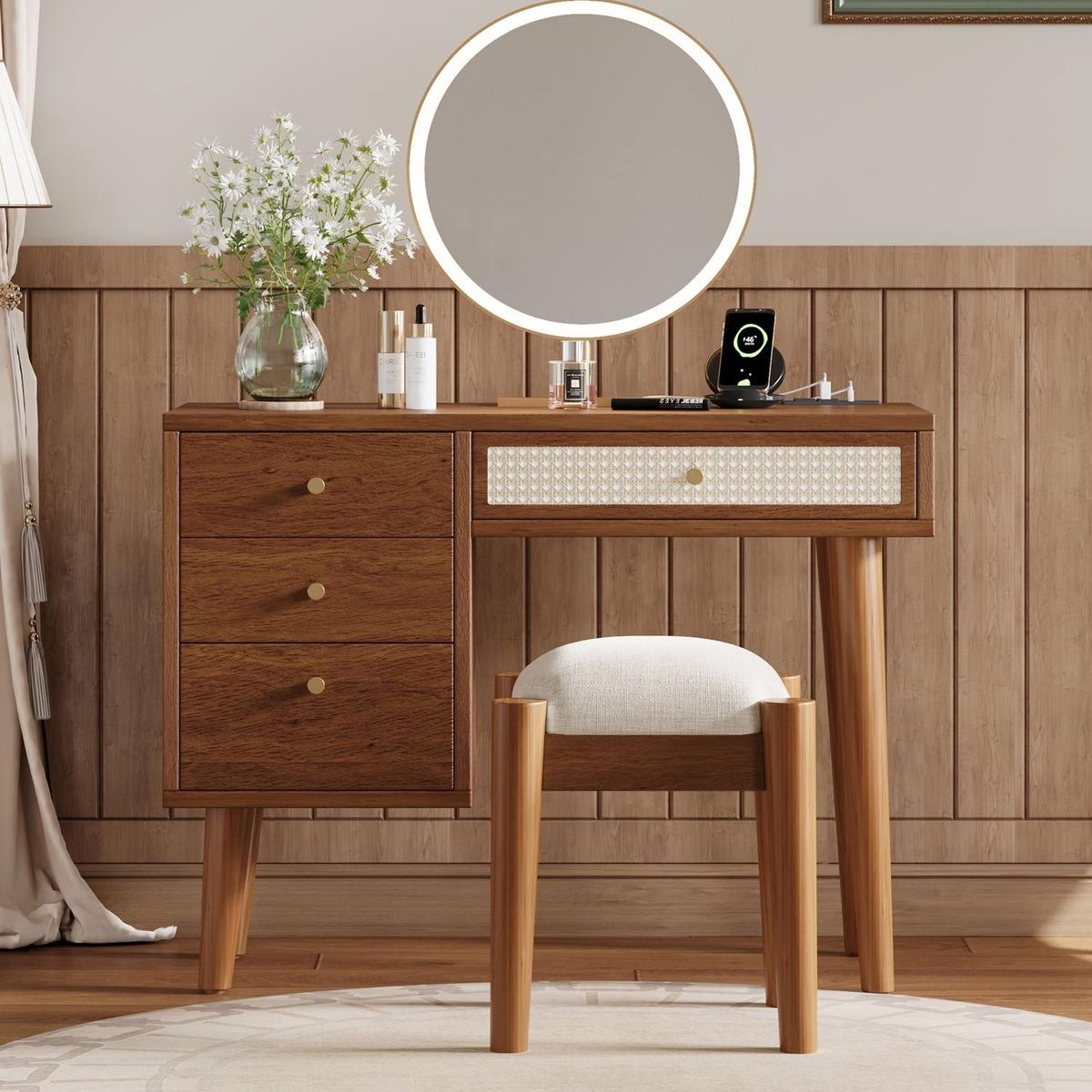 39" Retro Bohemian Style Wooden Makeup Vanity Set with Charging Plug&USB Port and Stool, Dressing Table with 3 Storage Drawers and 1 Rectangular Rattan Drawer, Walnut
