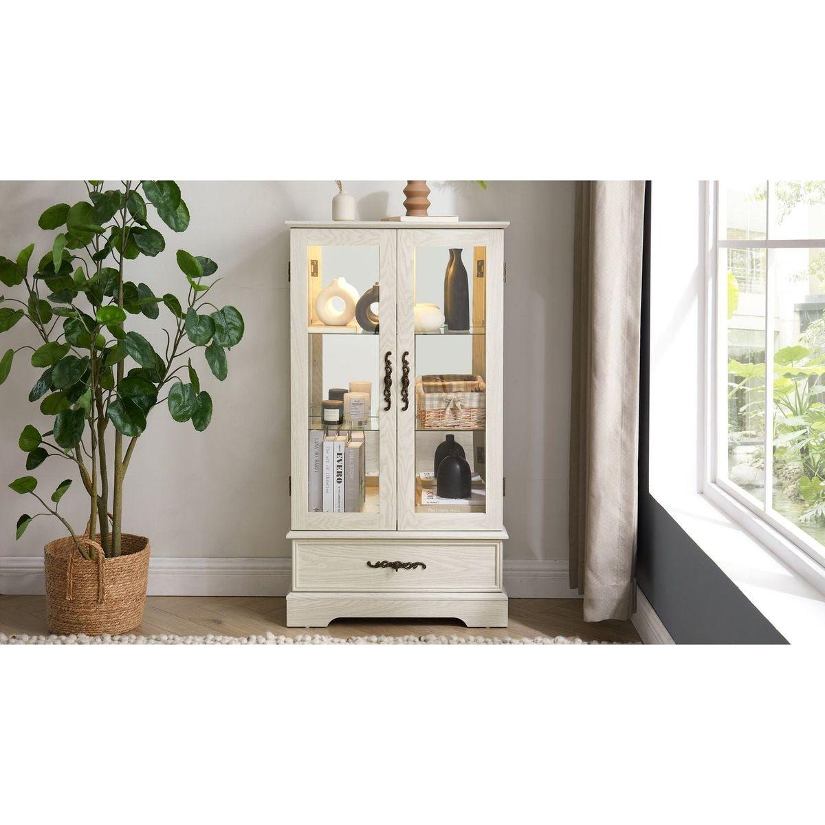 Glass Cabinet Lighted Glass Cabinet Curio Display Cabinet with Adjustable Glass Shelves 2 Doors and 1 drawer Cabinet Bulb Included White