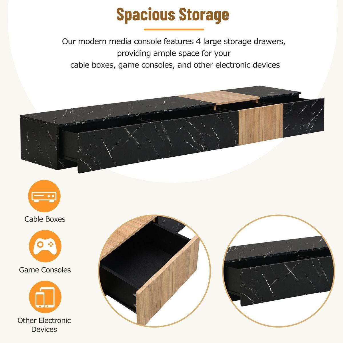 TV Stand with Faux Marble and Walnut Wood Grain Finish for TVs up to 88", Modern Free-Combination Entertainment Center with 4 Storage Drawers for Living Room, Black