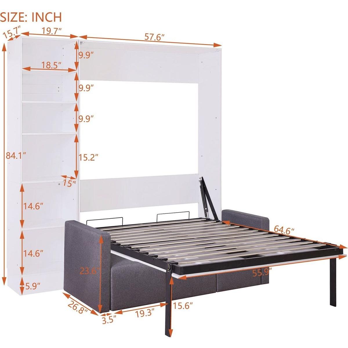Full Size Murphy Bed Wall Bed with Sofa,with Shelves,White