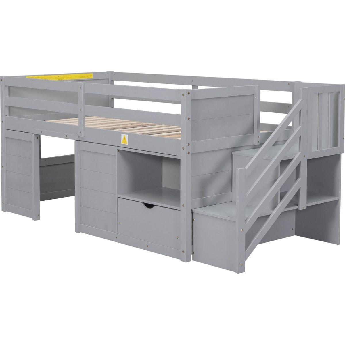 TWIN BED, SOLID WOOD TWIN SIZE LOW LOFT BED WITH STAIR, DRAWER, AND SHELF OF GREY COLOR