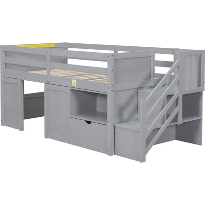 TWIN BED, SOLID WOOD TWIN SIZE LOW LOFT BED WITH STAIR, DRAWER, AND SHELF OF GREY COLOR