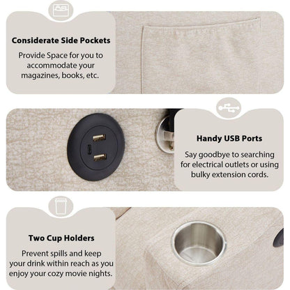 55.9" Convertible Sofa Bed Loveseat Sofa with Three USB Ports, Two Side Pockets, Two Cup Holders and 360Swivel Phone Holder for Living Room, Beige