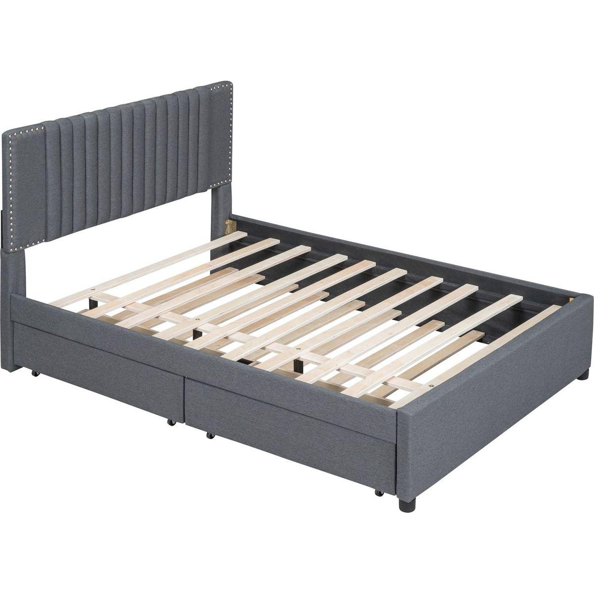 Full Size Upholstered Platform Bed with 2 Drawers and 1 Twin Size Trundle, Classic Headboard Design, Gray