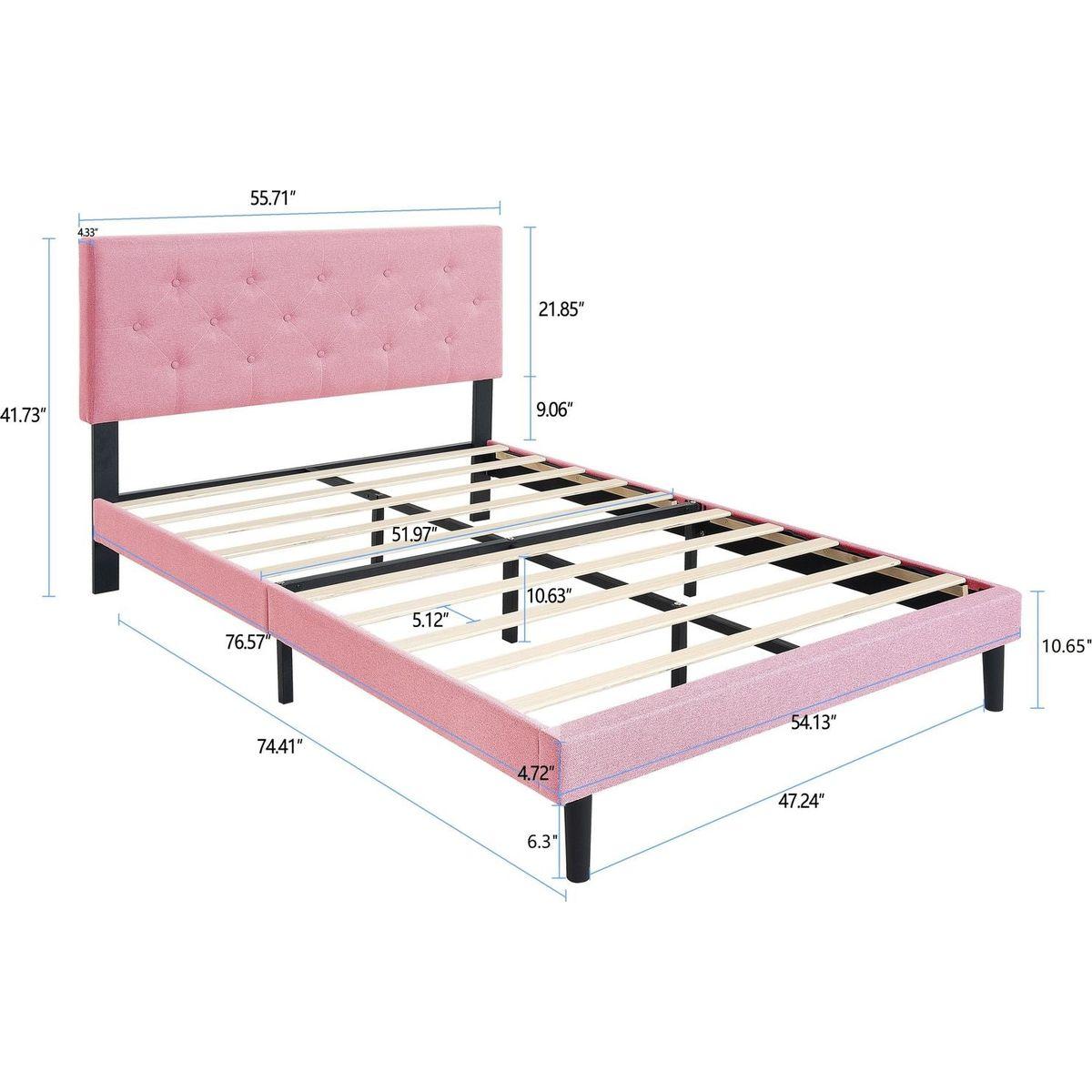 Full Size Upholstered Platform Bed Frame with Modern Button Tufted Linen Fabric Headboard, No Box Spring Needed, Wood Slat Support, Easy Assembly, pink