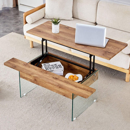 Multifunctional Lift Top Coffee Table -Light Wood Color Grain Sticker, Essential for Modern Homes.Tempered Glass Legs,Lift Top Feature.Perfectly Fitting Into Living Rooms And Office.