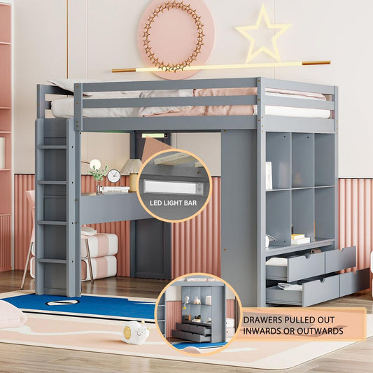 Full Size Loft Bed with large shelves, writing desk and LED Light, Gray