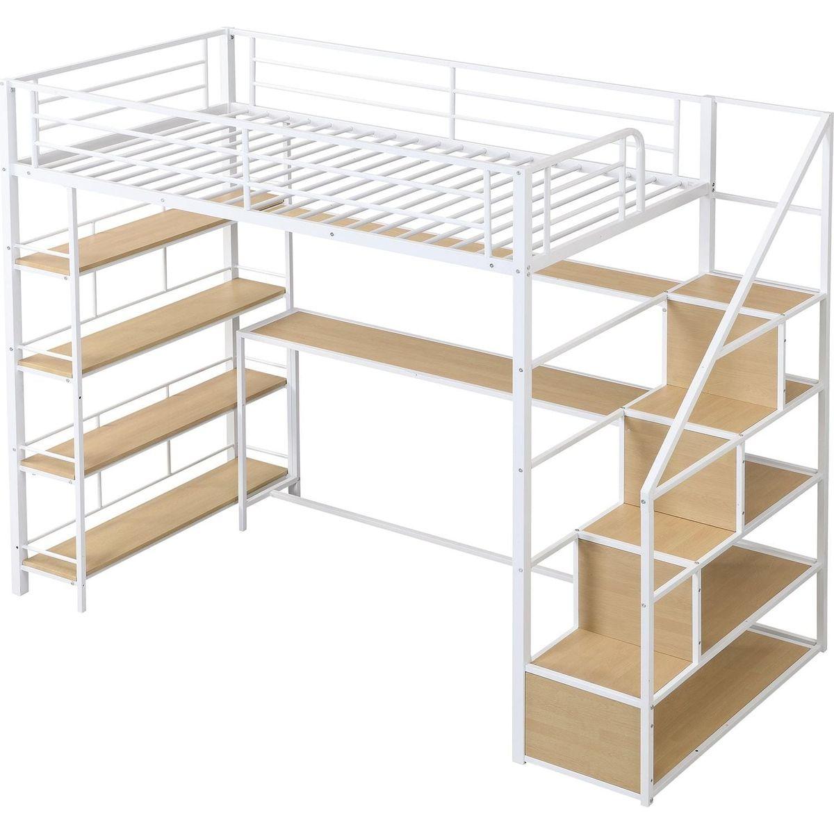 Twin Size Metal Loft bed with Staircase, Built-in Desk and Storage Shelves, White