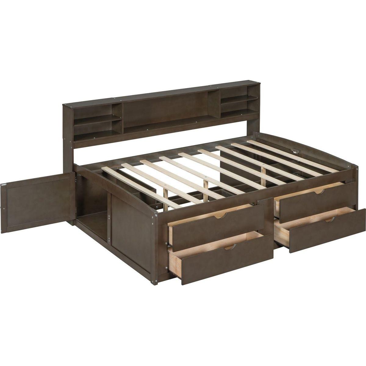 Full Size Wood Daybed with 2 Bedside Cabinets, Upper Shelves and 4 Drawers, Antique Brown