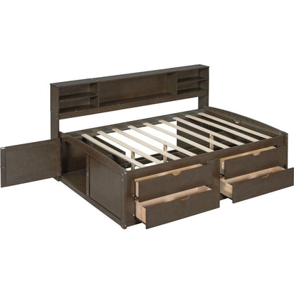 Full Size Wood Daybed with 2 Bedside Cabinets, Upper Shelves and 4 Drawers, Antique Brown