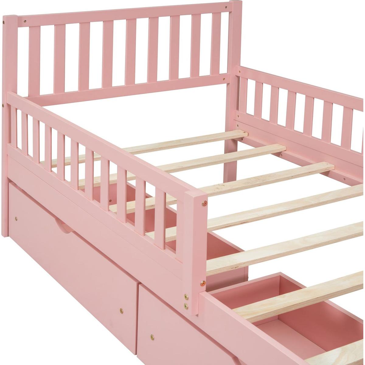 Twin Size Wood Platform Bed with Guardrails on Both Sides and Two Storage Drawers, Pink
