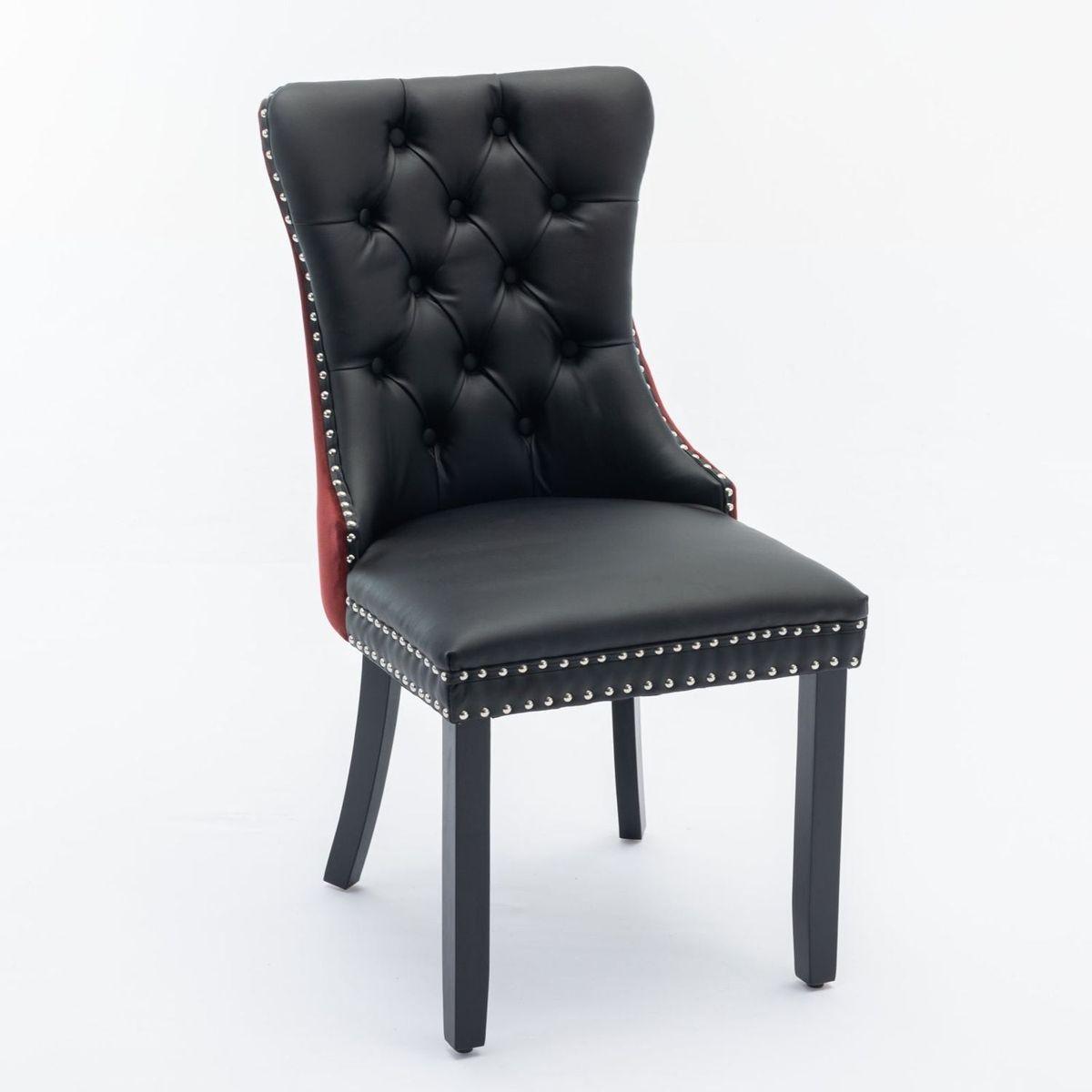 Nikki Collection Modern, High-end Tufted Solid Wood Contemporary PU and Velvet Upholstered Dining Chair with Wood Legs Nailhead Trim 2-Pcs Set, Black+WineRed, Burgundy